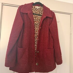 Wonderly Burgundy Teddy Coat with Leopard-Print Lining